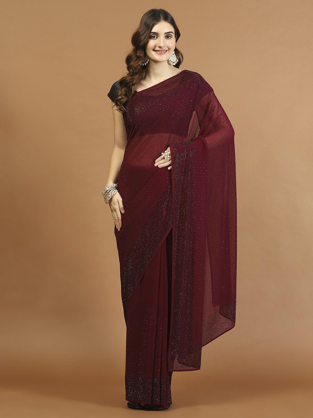 

Meena Bazaar Embellished Beads and Stones Poly Georgette Saree, Burgundy