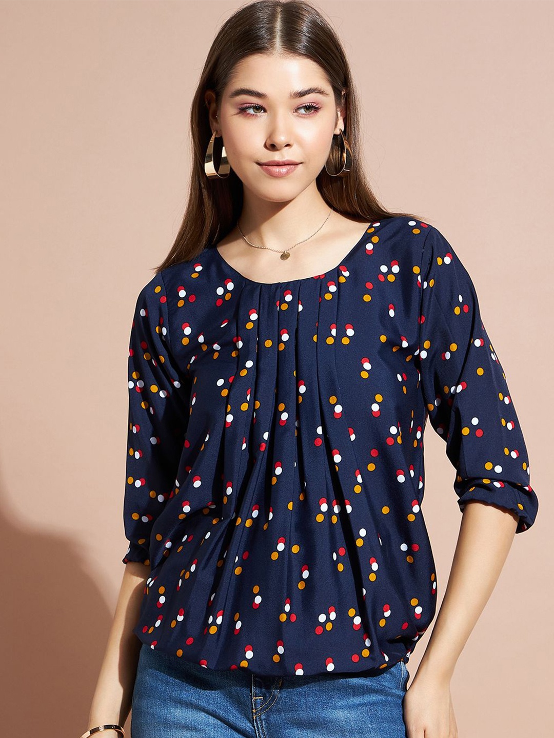 

DressBerry Women Polka Dot Printed Blouson Top, Navy blue