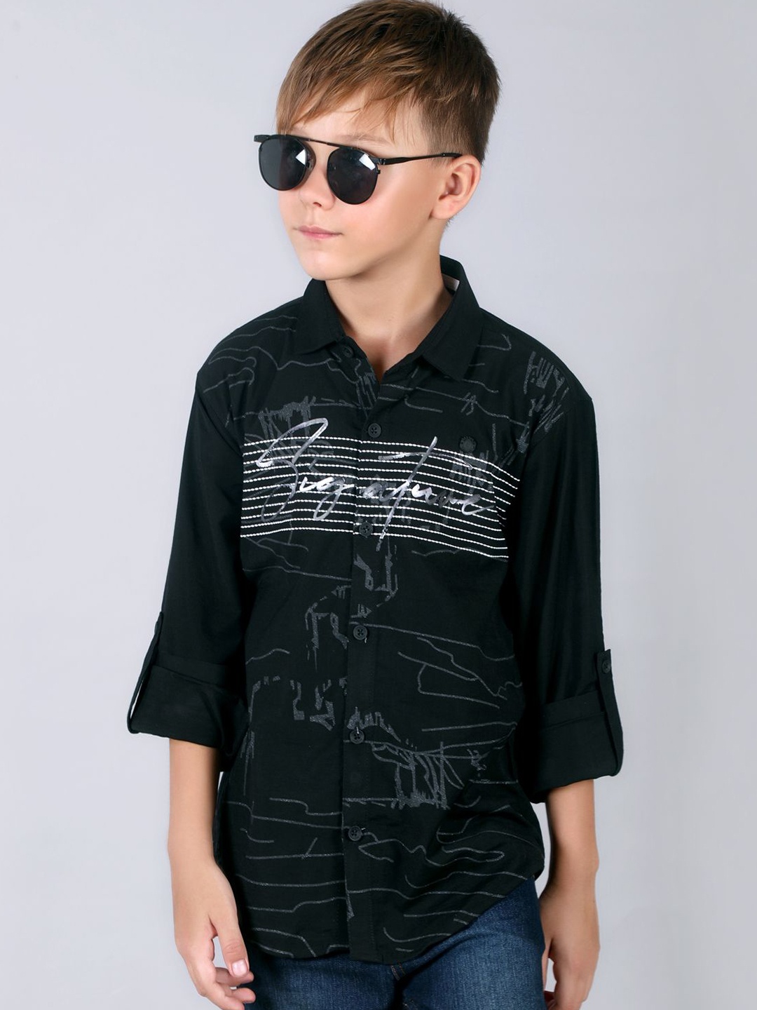 

MashUp Boys Classic Opaque Printed Casual Shirt, Black