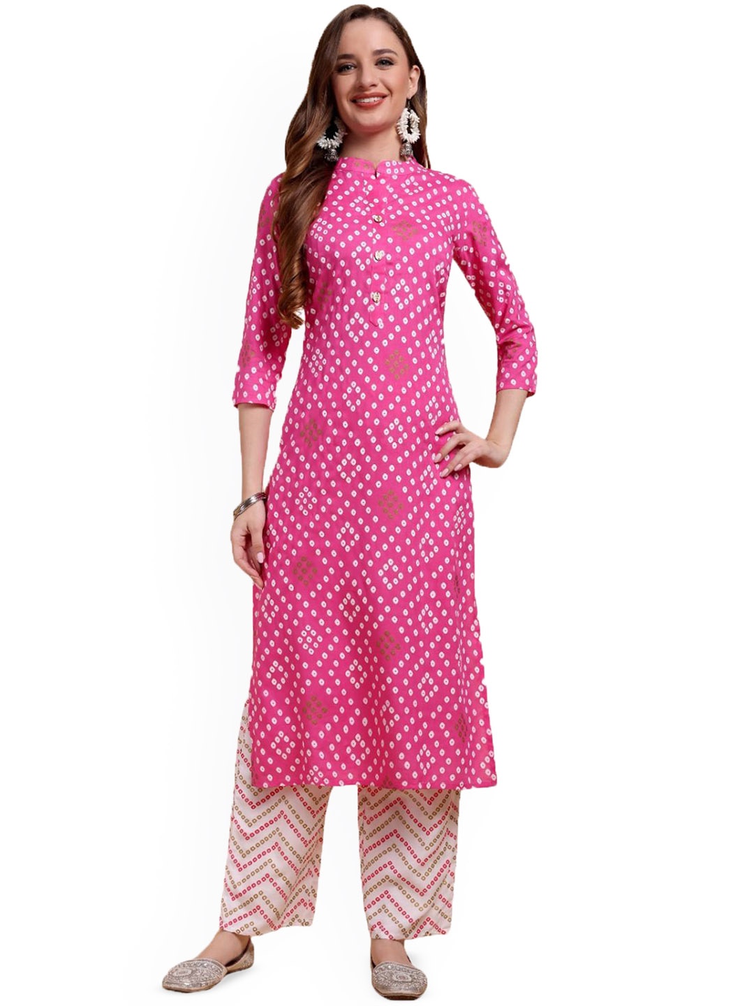 

GREYSHADE Women Bandhani Printed Regular Kurta with Palazzos, Pink