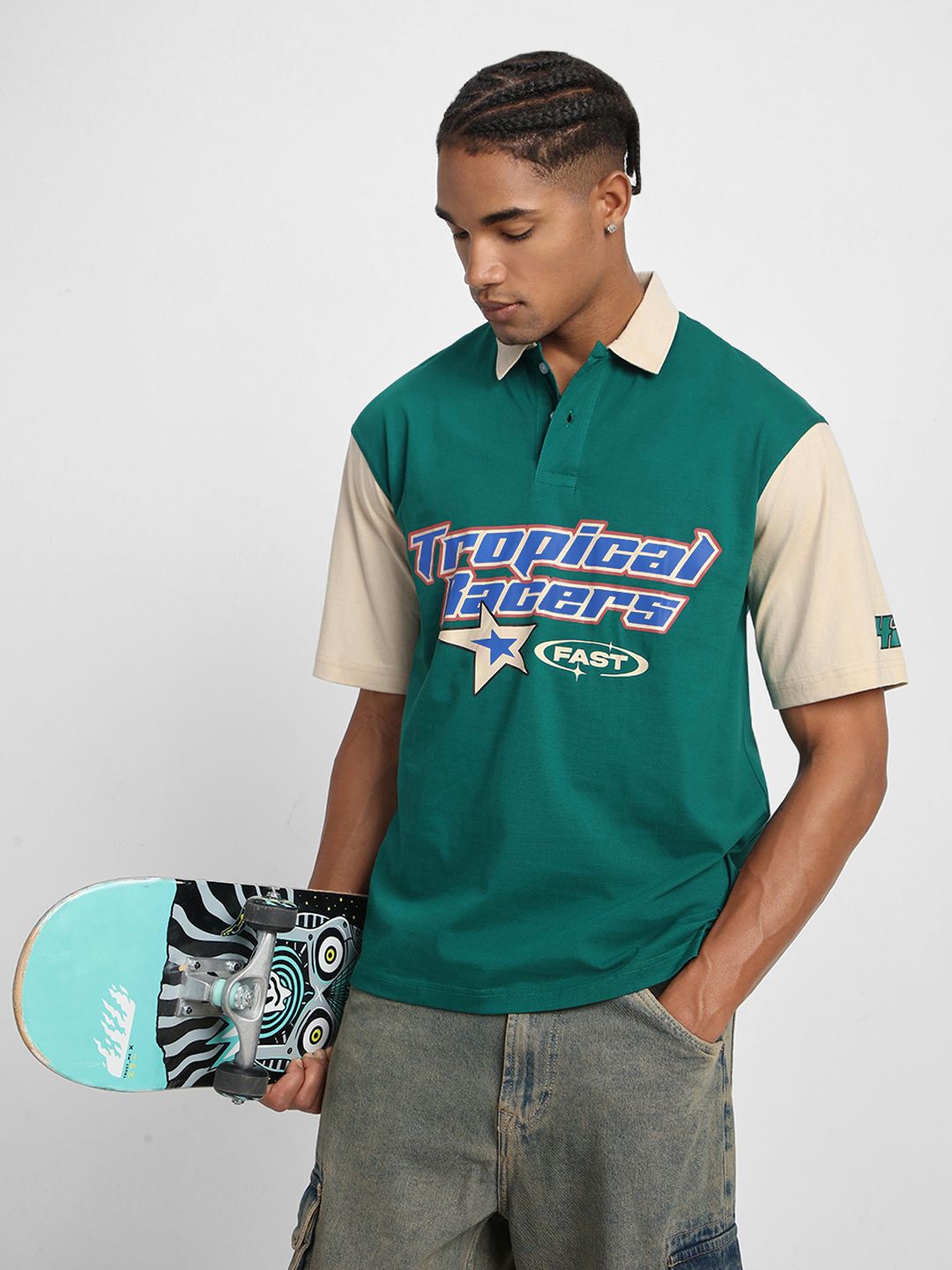 

VEIRDO Men Printed Polo Collar Drop-Shoulder Sleeves Pure Cotton Oversize T-shirt, Green