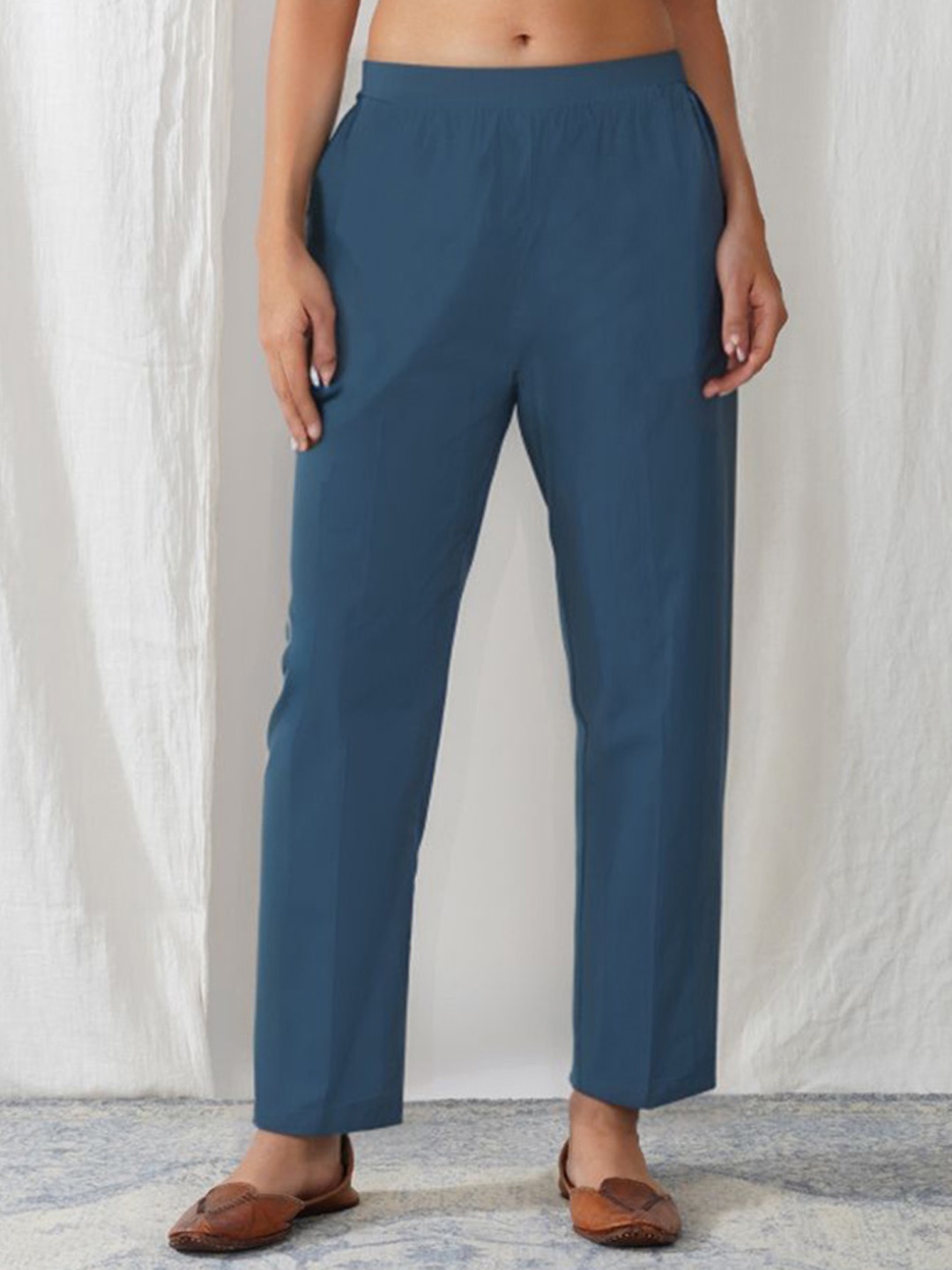 

zuri Women Cotton Relaxed Straight Leg Slip-On Trousers, Blue