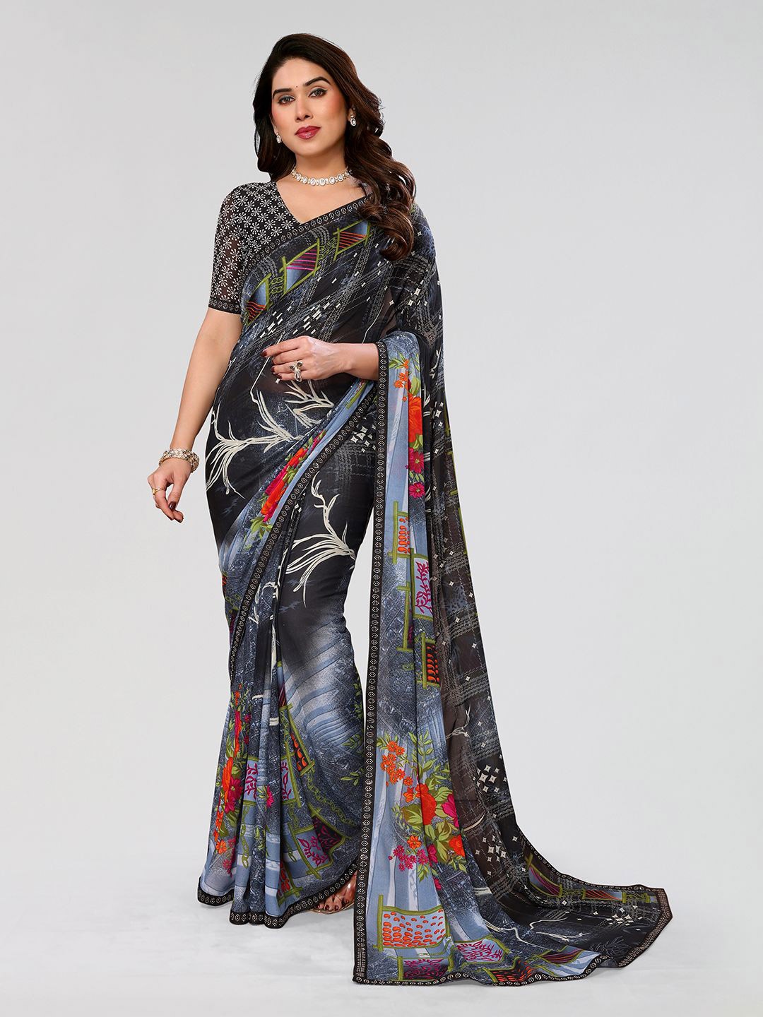 

ANAND SAREES Floral Sequinned Pure Georgette Saree, Blue