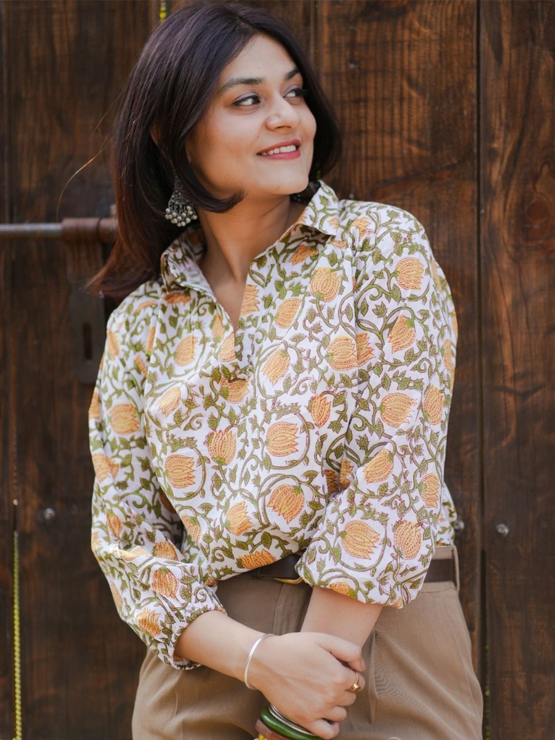 

SASSY SAJJA Floral Print Cotton Shirt Style Top, Multi