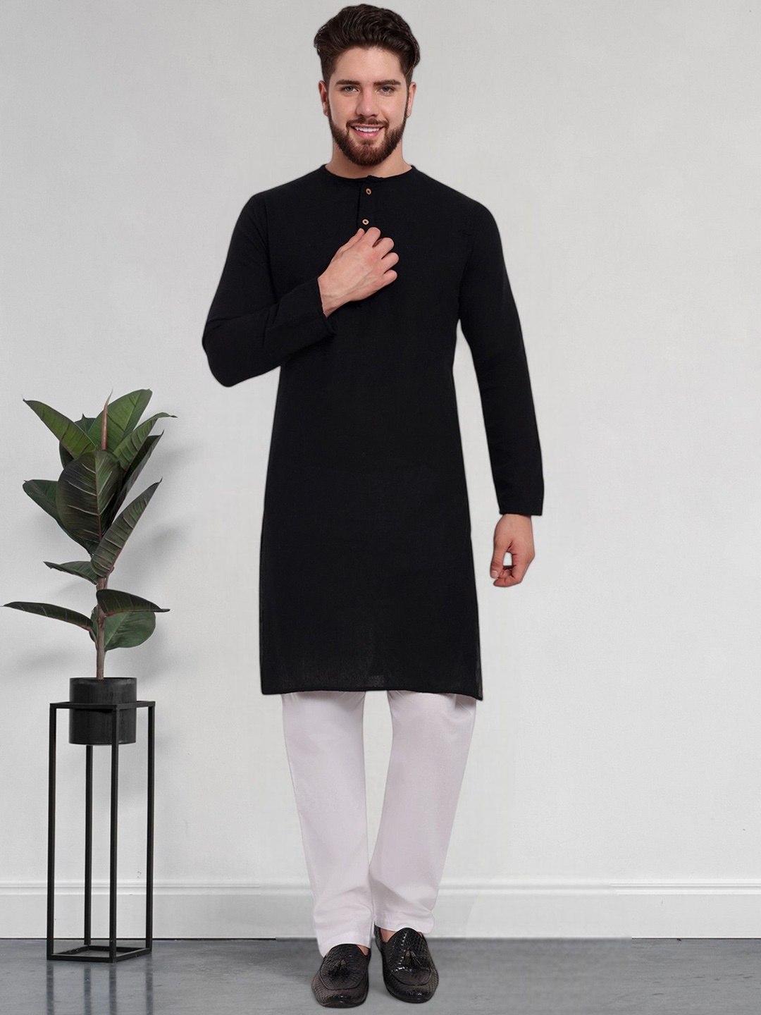 

SKAVIJ Men Regular Pure Cotton Kurta with Pyjamas, Black