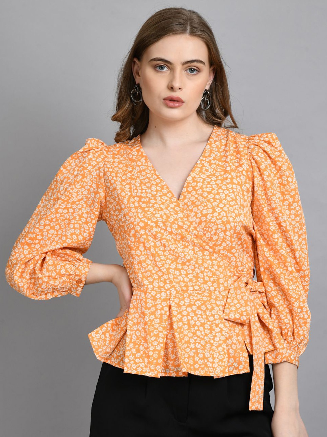 

all about you Women Floral Print Tie-Ups Wrap Top, Orange