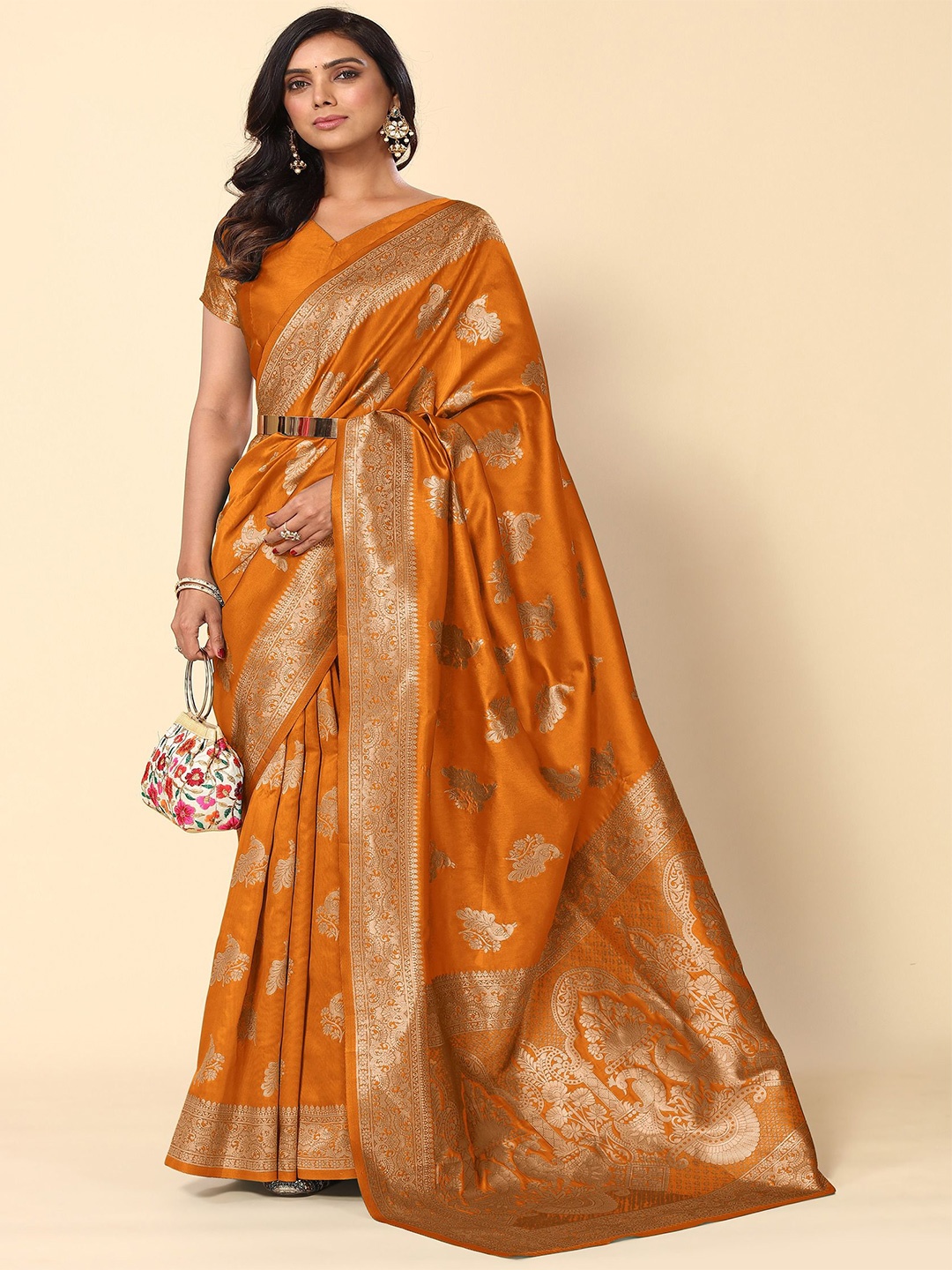 

Subham Ethnic Motifs Woven Design Zari Saree, Orange