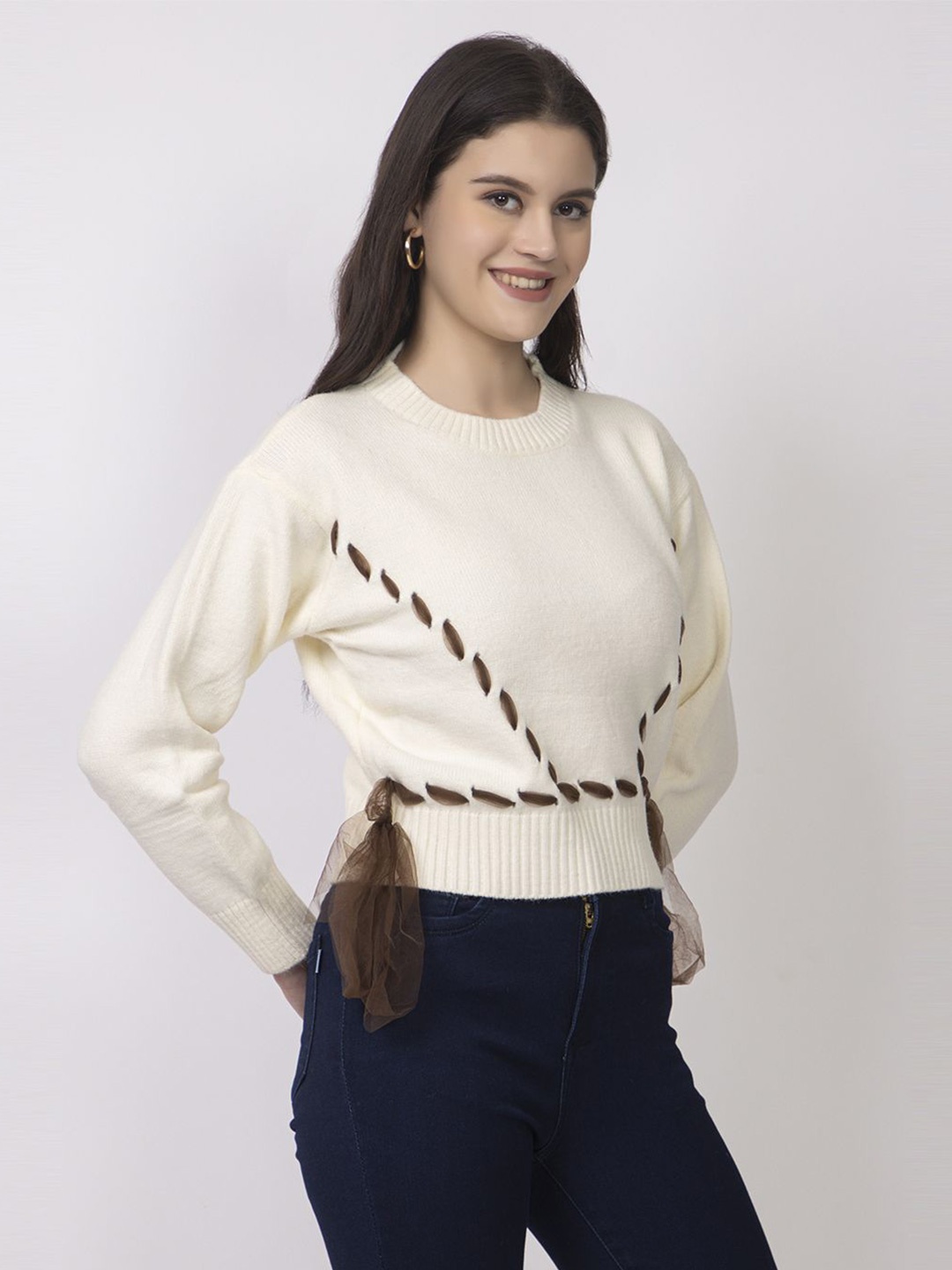 

Lory Women Embroidered Woollen Pullover, Cream