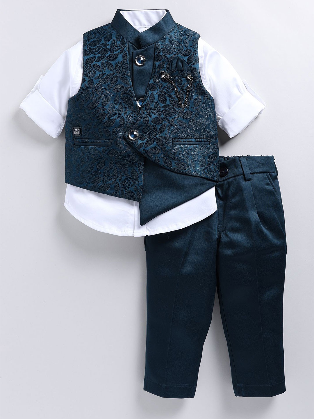 

LITTLE COLLARS Boys Self Design Single-Breasted Waistcoat and Trousers with Shirt, Blue