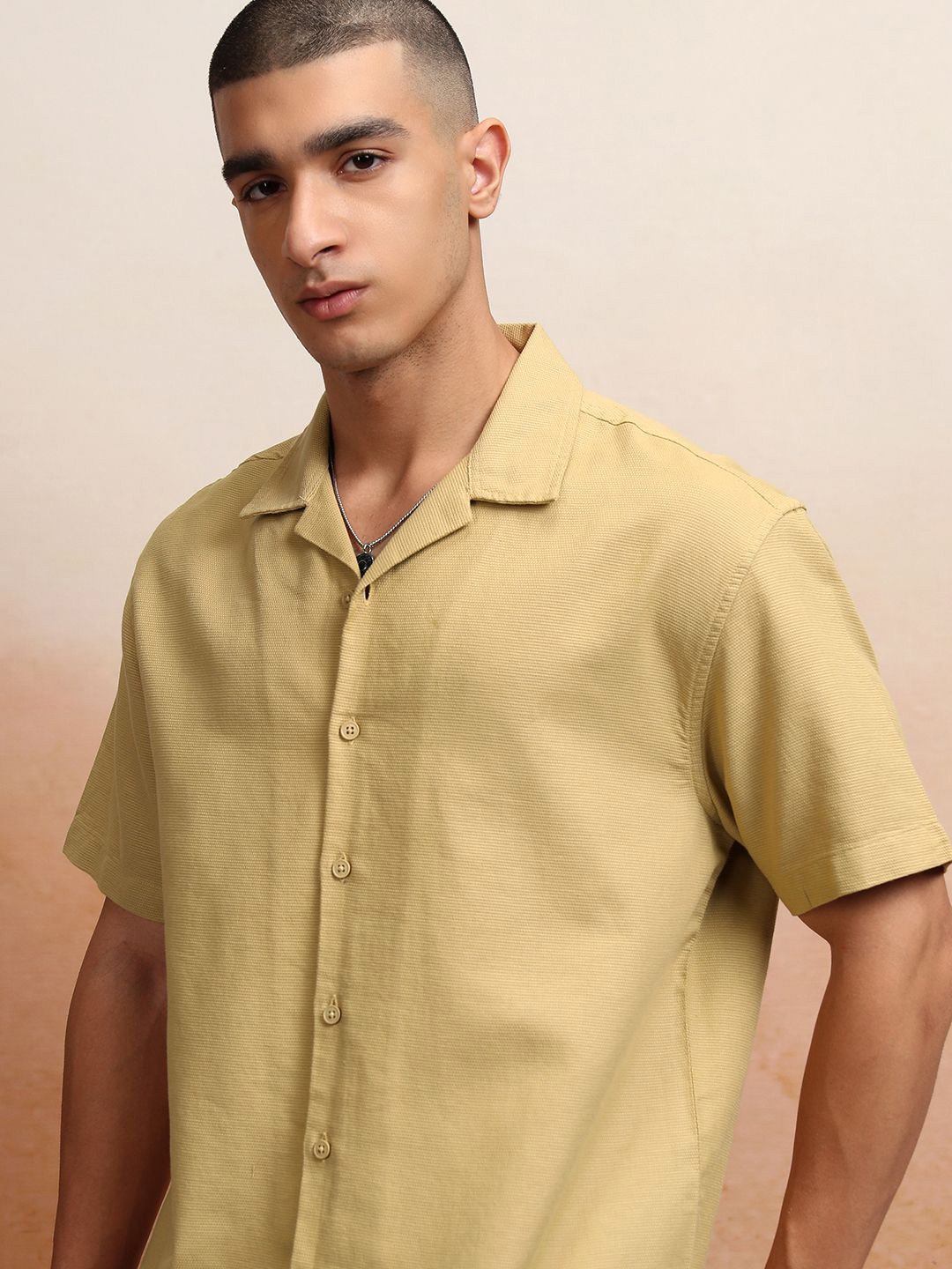 

HIGHLANDER Men Dobby Textured Cuban Collar Relaxed Fit Shirt, Mustard