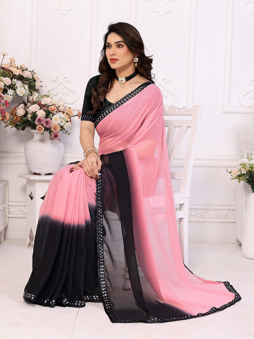 

KAZIA Ombre Women Sequinned Pure Georgette Saree With Blouse Piece, Pink