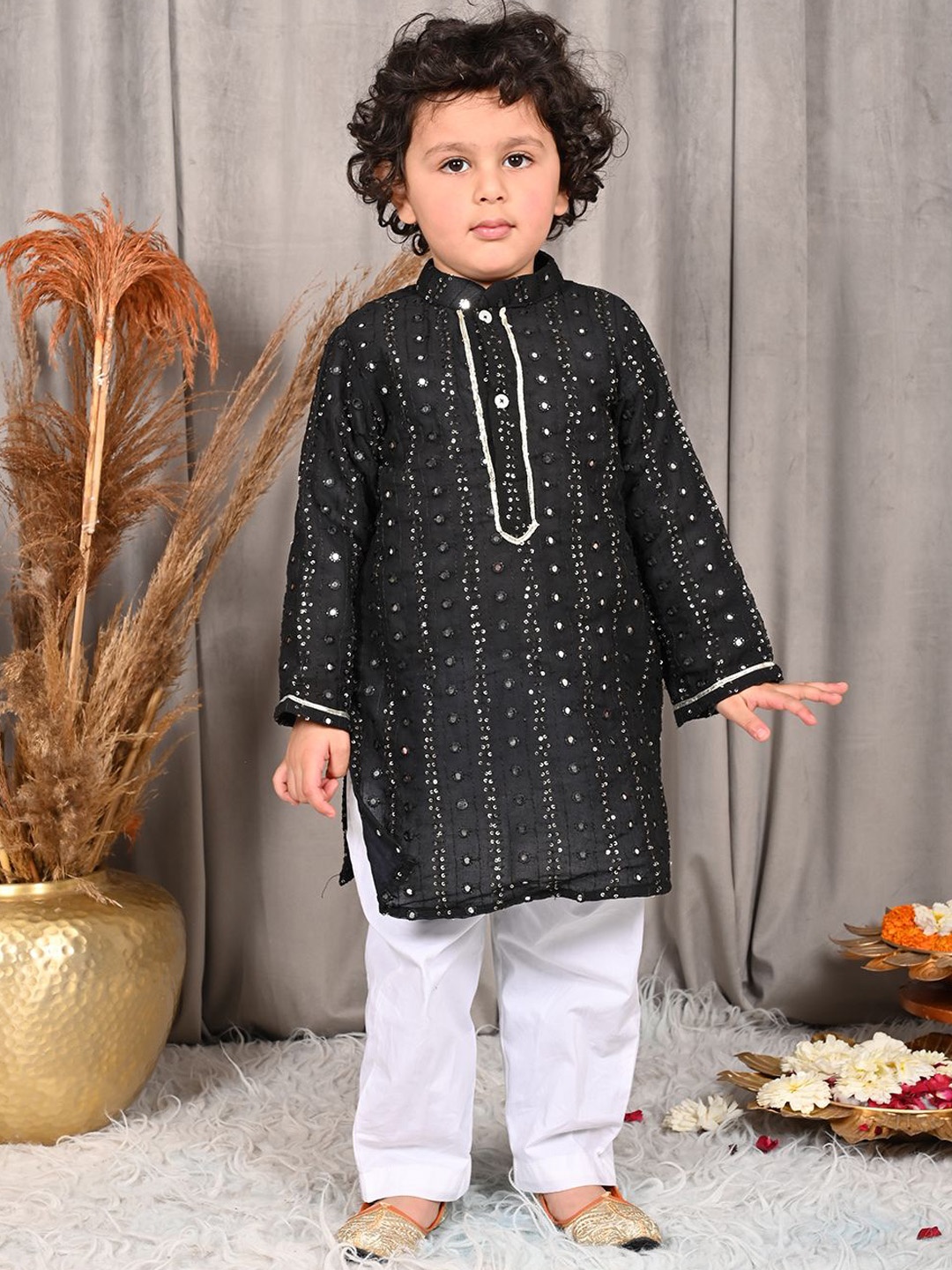 

MUDKID Boys Embroidered Regular Mirror Work Kurta with Dhoti Pants, Black