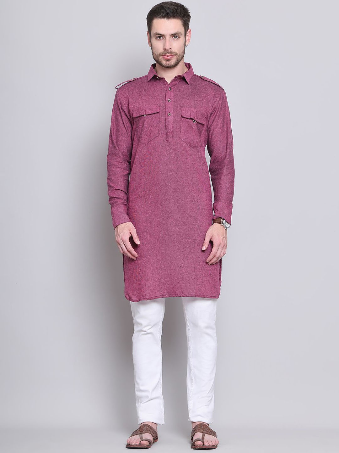 

Enchanted Drapes Men Patchwork Pathani Kurta, Pink