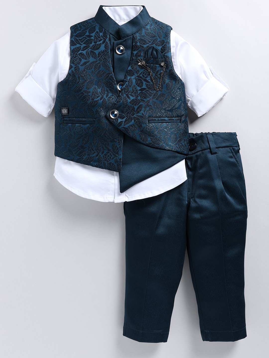 

LITTLE COLLARS Boys Self Design Single-Breasted Waistcoat and Trousers with Shirt, Blue