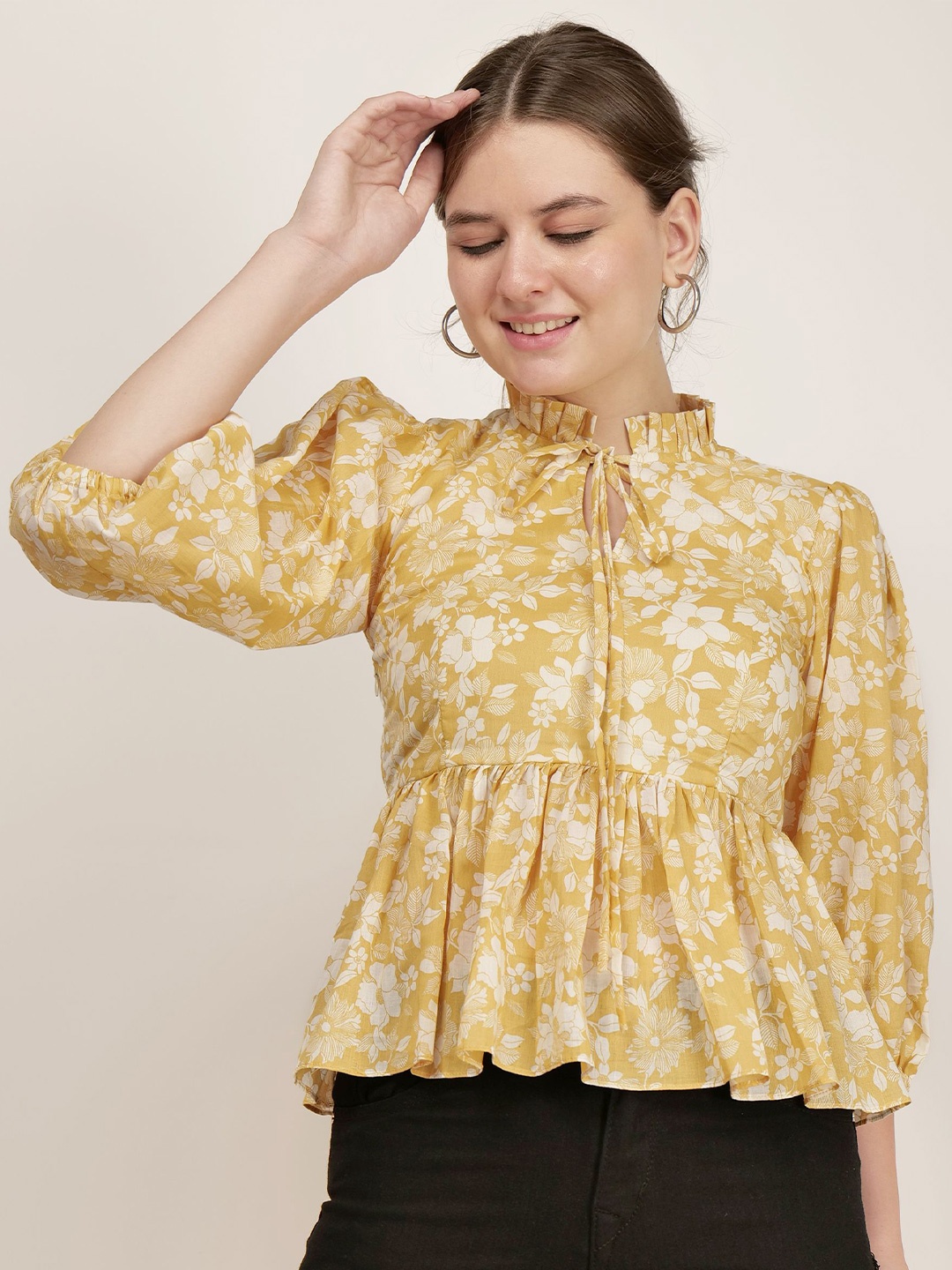 

AUDRAPE Women Floral Printed Cotton Top, Yellow