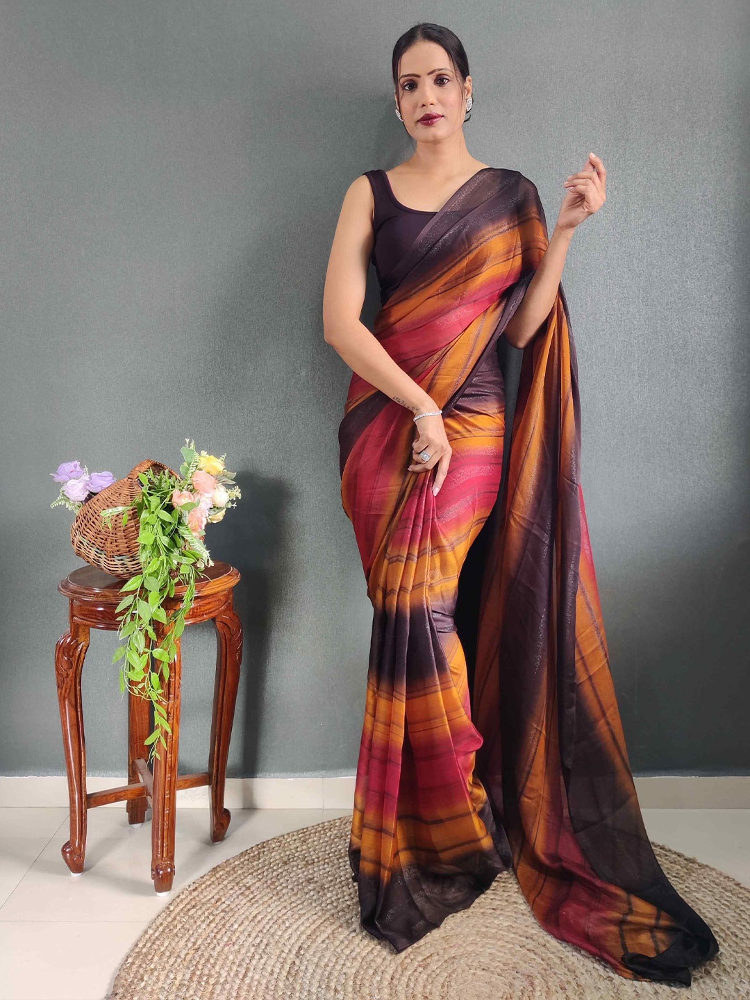 

HERE&NOW Striped Poly Georgette Ready to Wear Saree, Orange