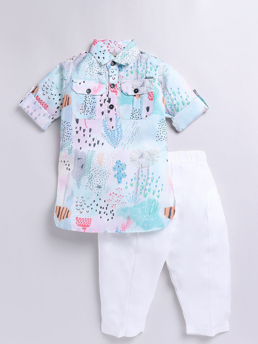 

LITTLE COLLARS Boys Printed Regular Pure Cotton Kurta With Pyjamas, Green