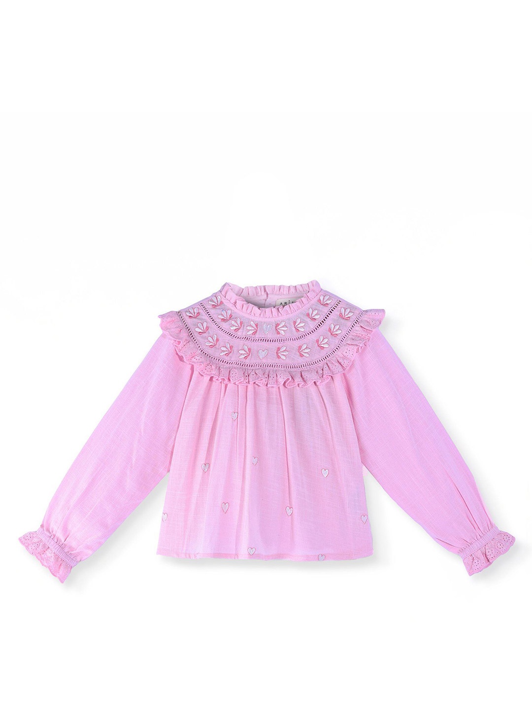 

ARIAS By LARA DUTTA Girls Embroidered Cuffed Sleeves Cotton Top, Pink