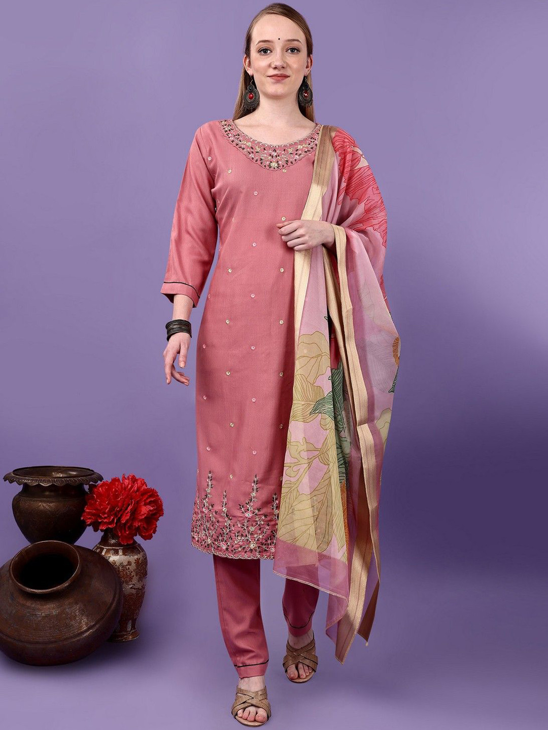 

BERISTON Women Ethnic Motifs Embroidered Regular Thread Work Kurta with Trousers & With Dupatta, Pink