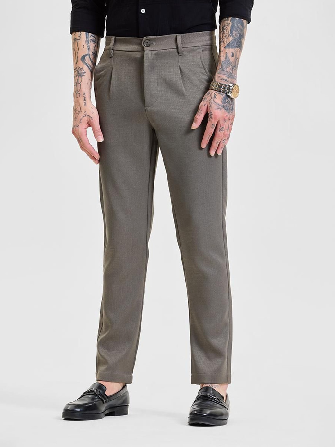 

Snitch Men Smart Slim Fit Pleated Trousers, Taupe