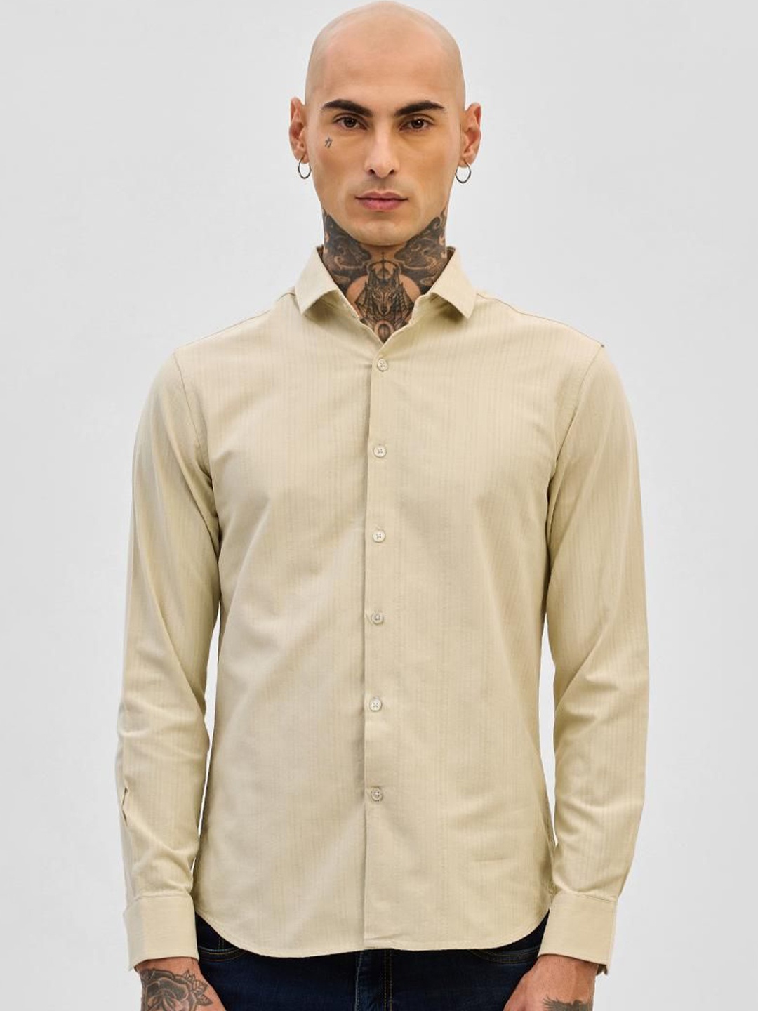 

Snitch Men Smart Slim Fit Opaque Striped Casual Shirt, Beige