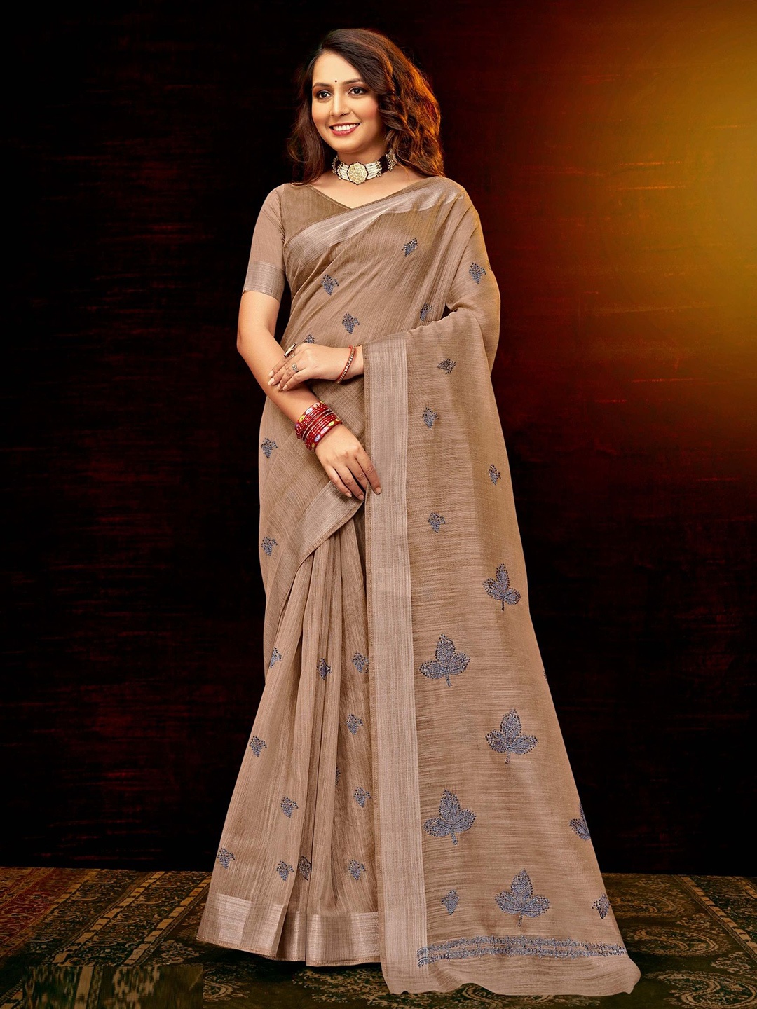 

MAHALASA Women Ethnic Motifs Embroidered Chanderi Saree, Beige