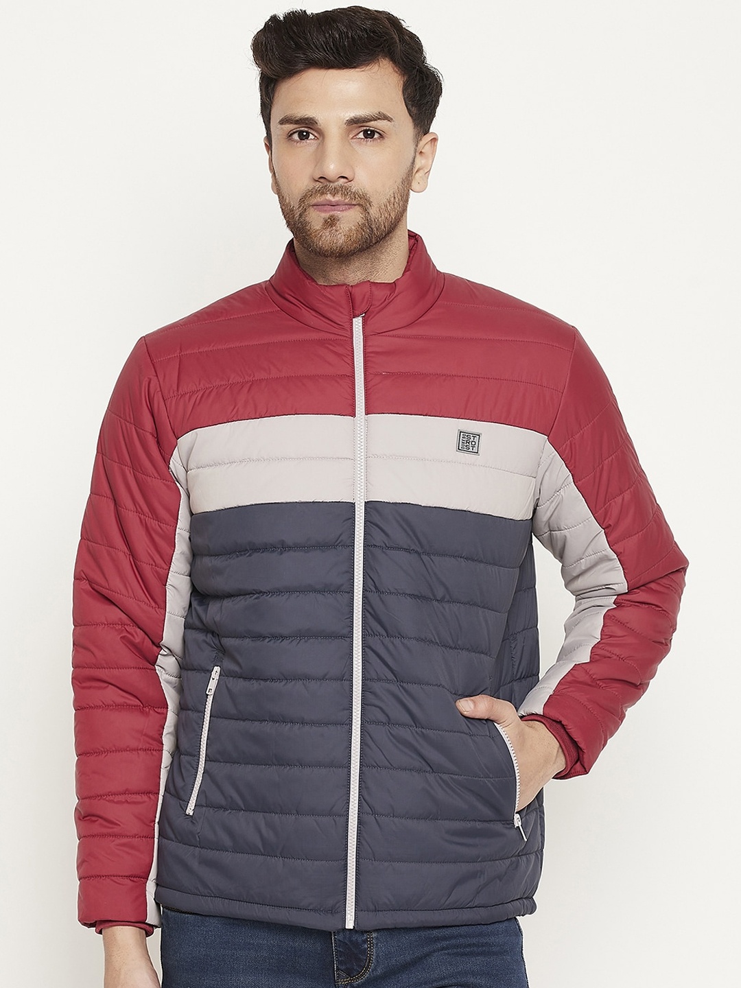 

Duke Colourblocked Mock Collar Long Sleeves Padded Jacket, Blue
