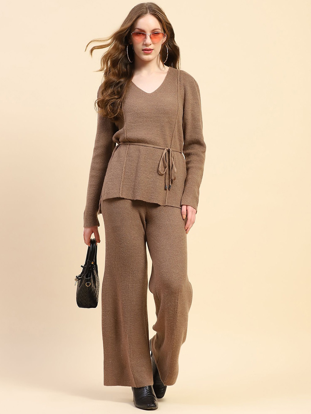 

Global Republic Self Design V-Neck Long Sleeves Top With Trouser, Brown