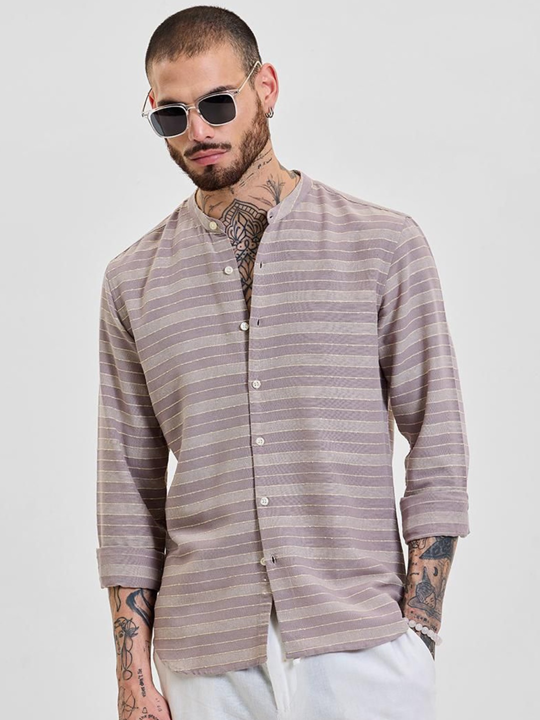 

Snitch Men Smart Slim Fit Horizontal Stripes Opaque Striped Casual Shirt, Beige