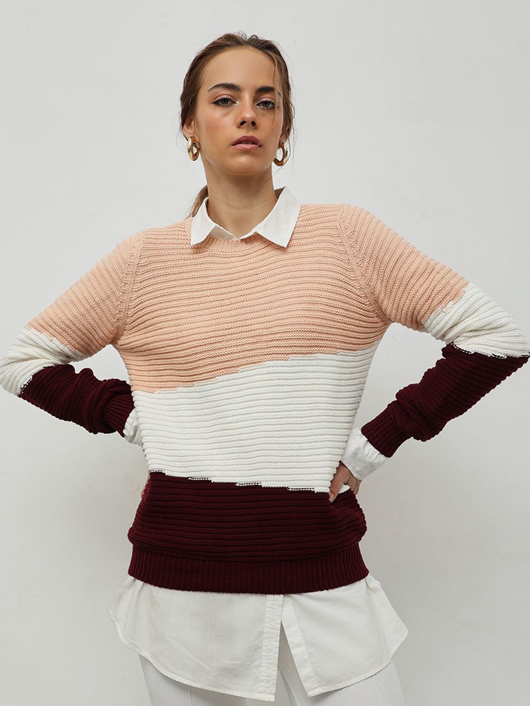 

STREET 9 Women Colourblocked Pullover, Peach