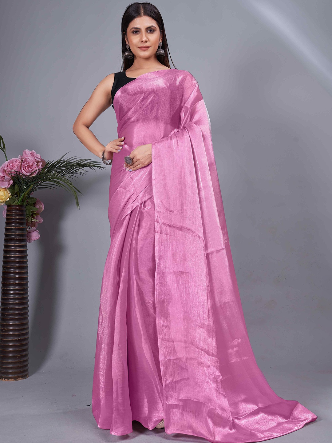 

HERE&NOW Poly Georgette Ready to Wear Saree, Pink
