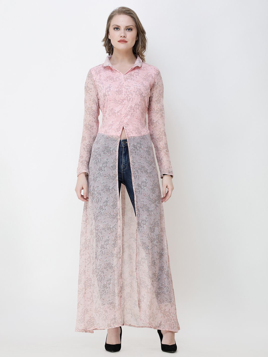 

BAESD Floral Print Chiffon Maxi Longline Top, Pink