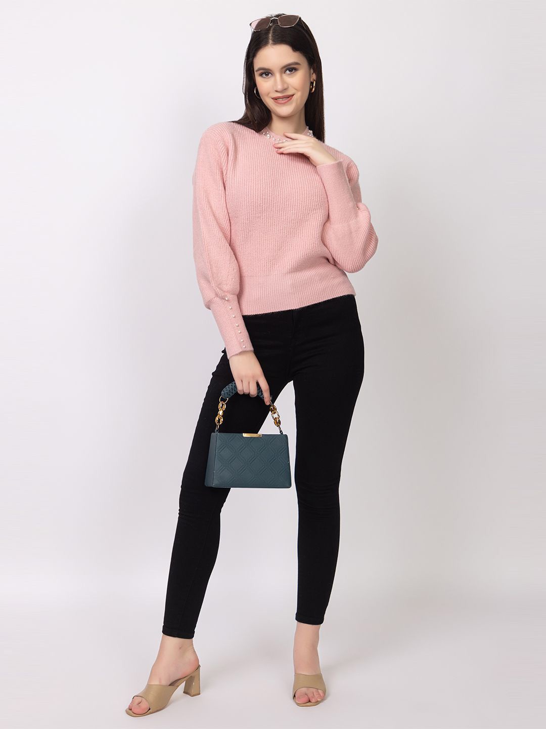

Lory Women Ribbed Woollen Pullover, Peach