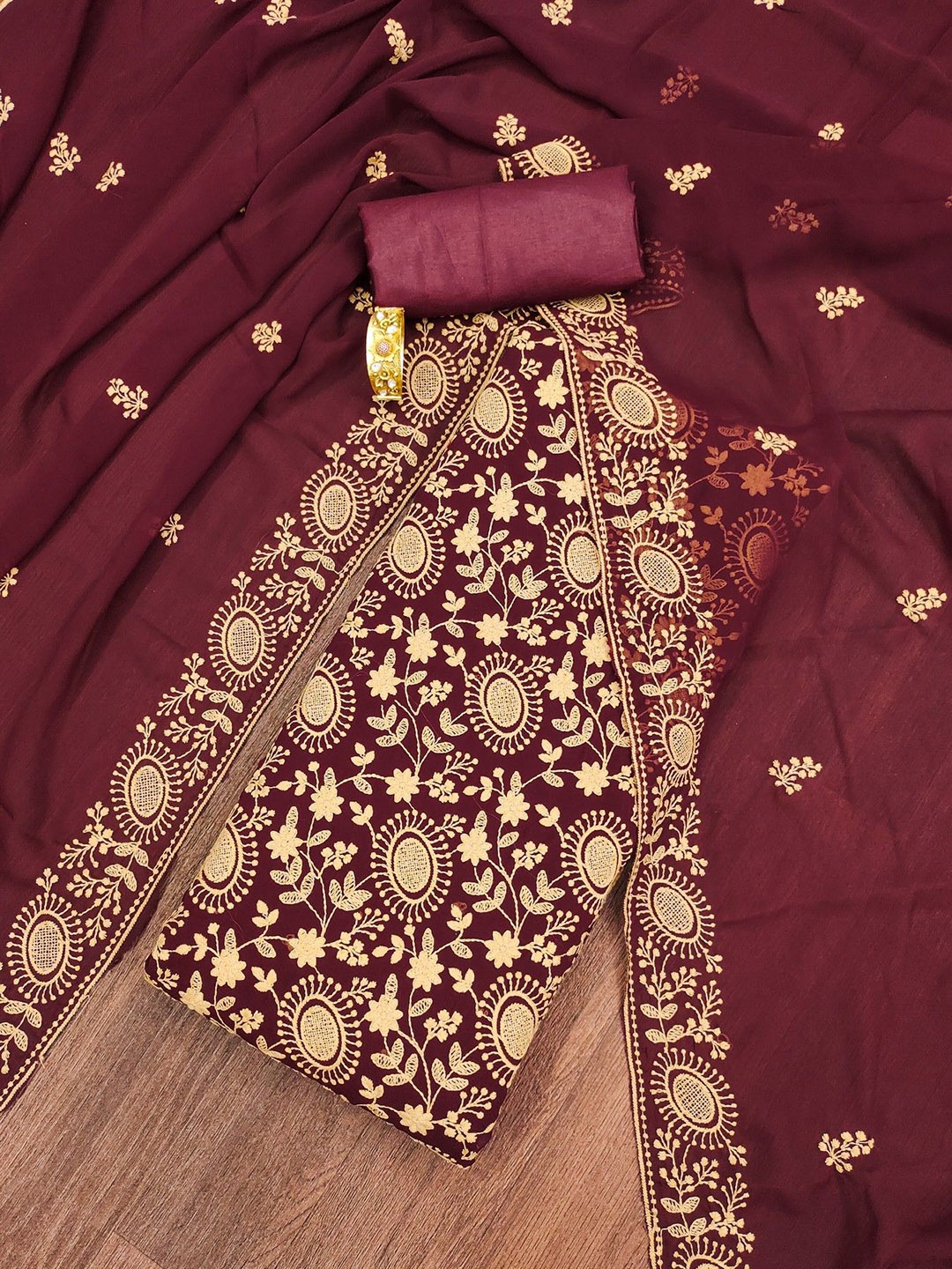

mimi design Silk Georgette Unstitched Dress Material, Maroon