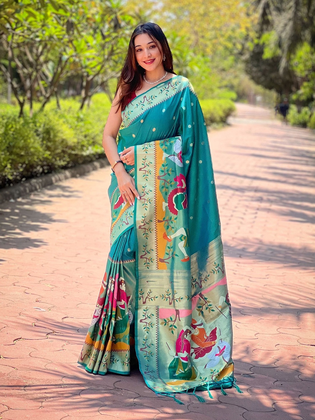 

RAJ DHARMA SILK Woven Design Zari Paithani Saree, Turquoise blue