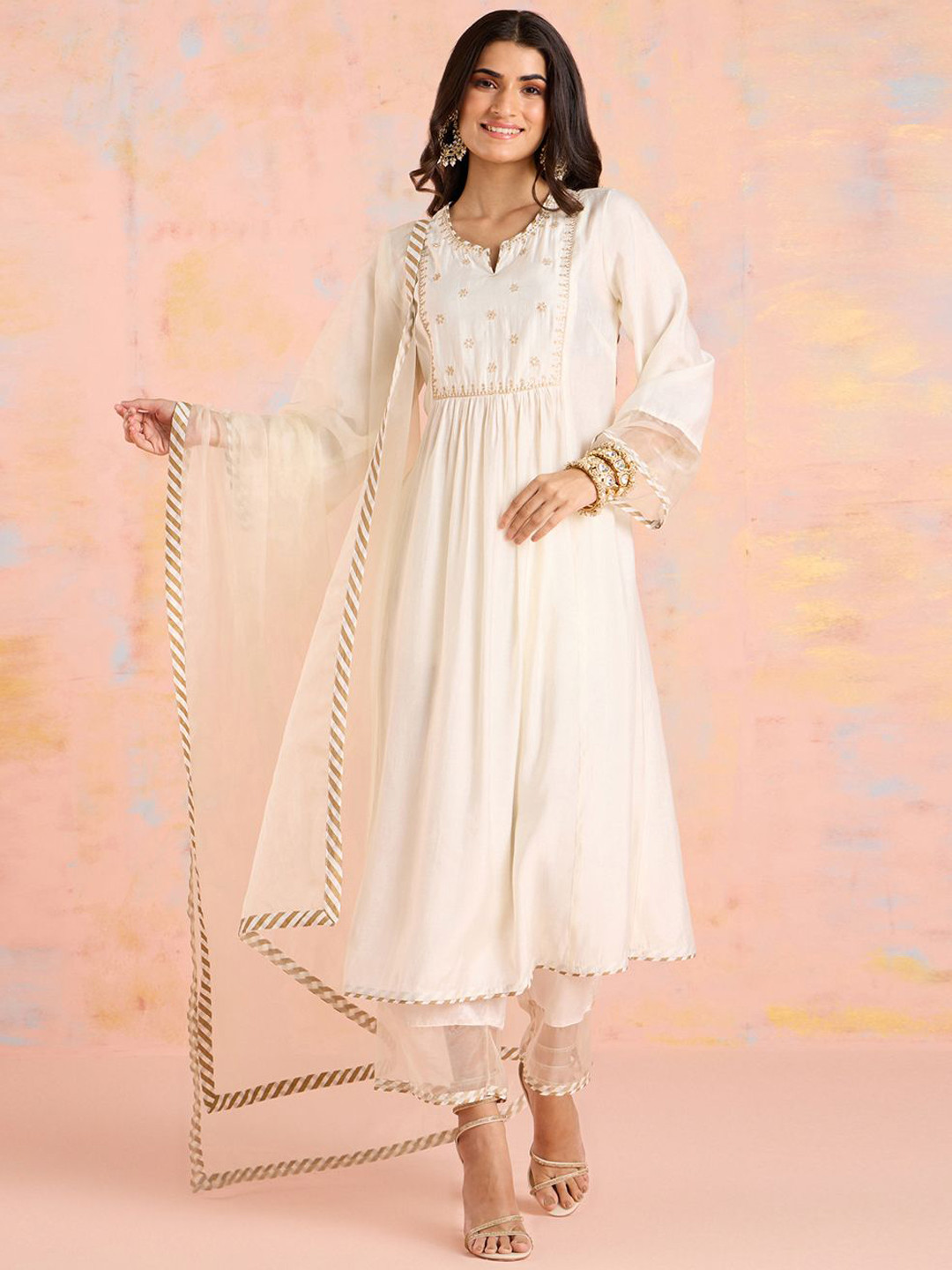 

Likha Women Printed Pleated Chanderi Cotton Kurta with Pyjamas & With Dupatta, White