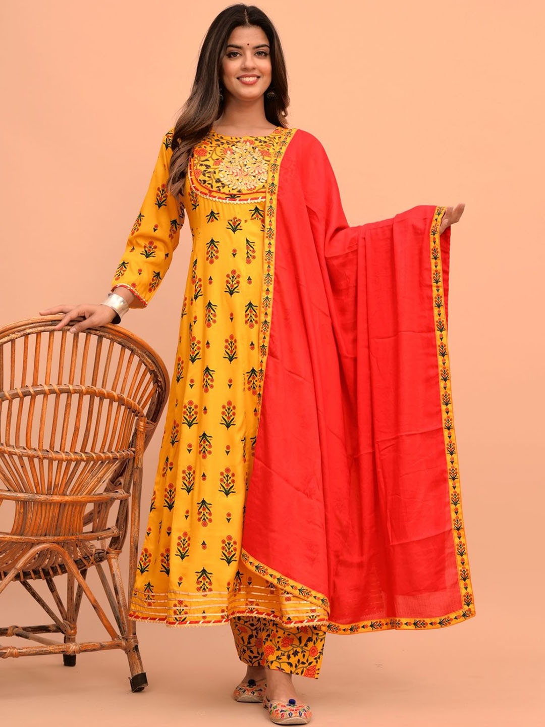 

KALINI Women Floral Printed Regular Gotta Patti Kurta with Pyjamas & With Dupatta, Mustard