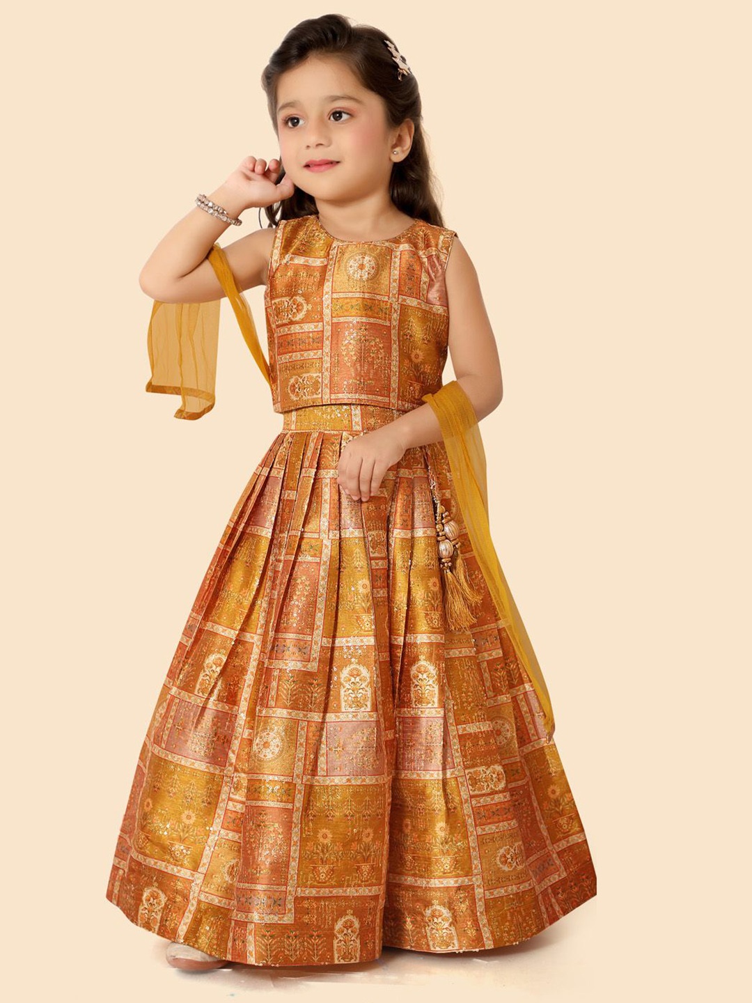 

Ethniks Neu-Ron Girls Printed Ready to Wear Lehenga & Blouse With Dupatta, Mustard