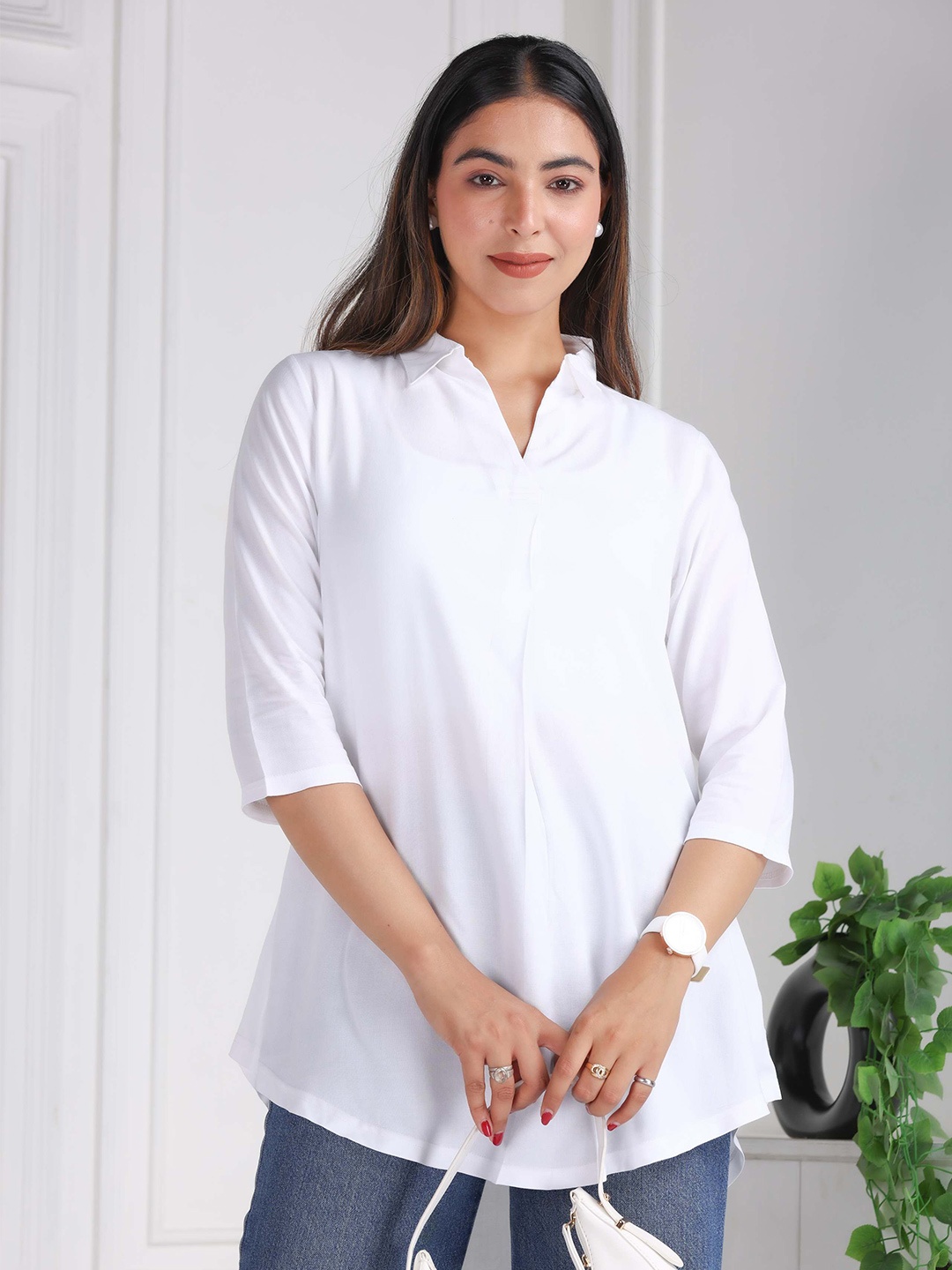 

Mlada Women Shirt Collar Style Rayon Flare Top, White