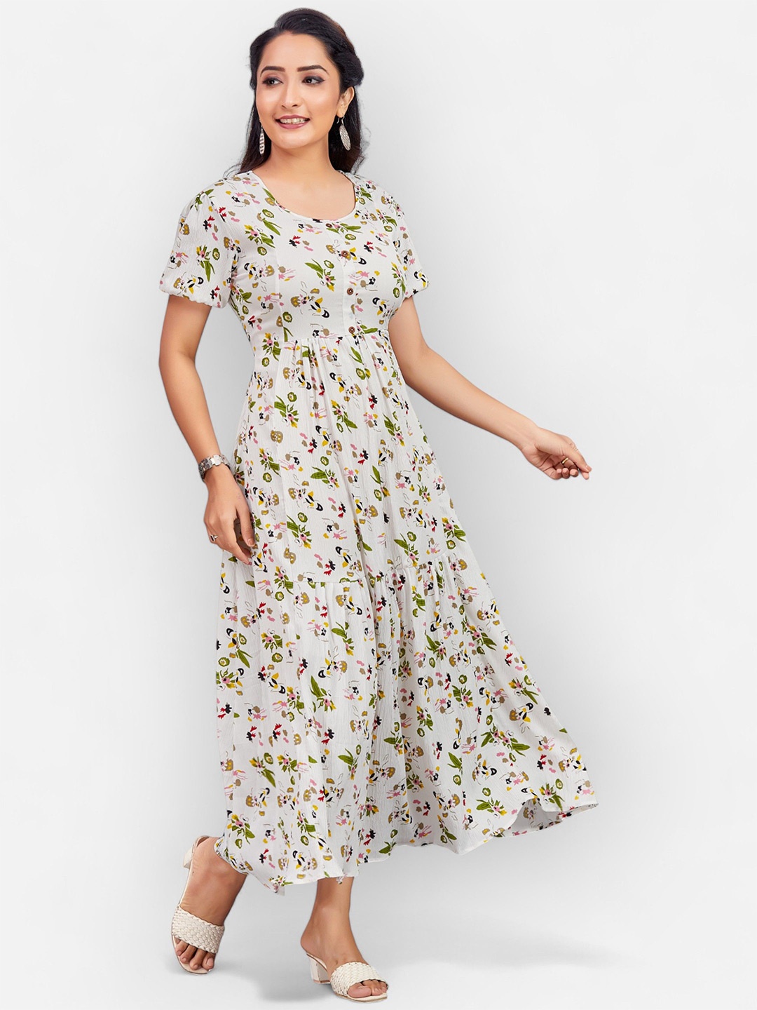 

PAMPER YOURSELF Floral Print Georgette Fit & Flare Maxi Dress, Cream
