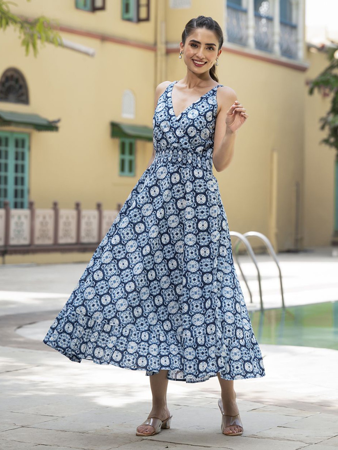 

BAESD Women V-Neck Cotton Floral Printed A-Line Midi Dress, Blue