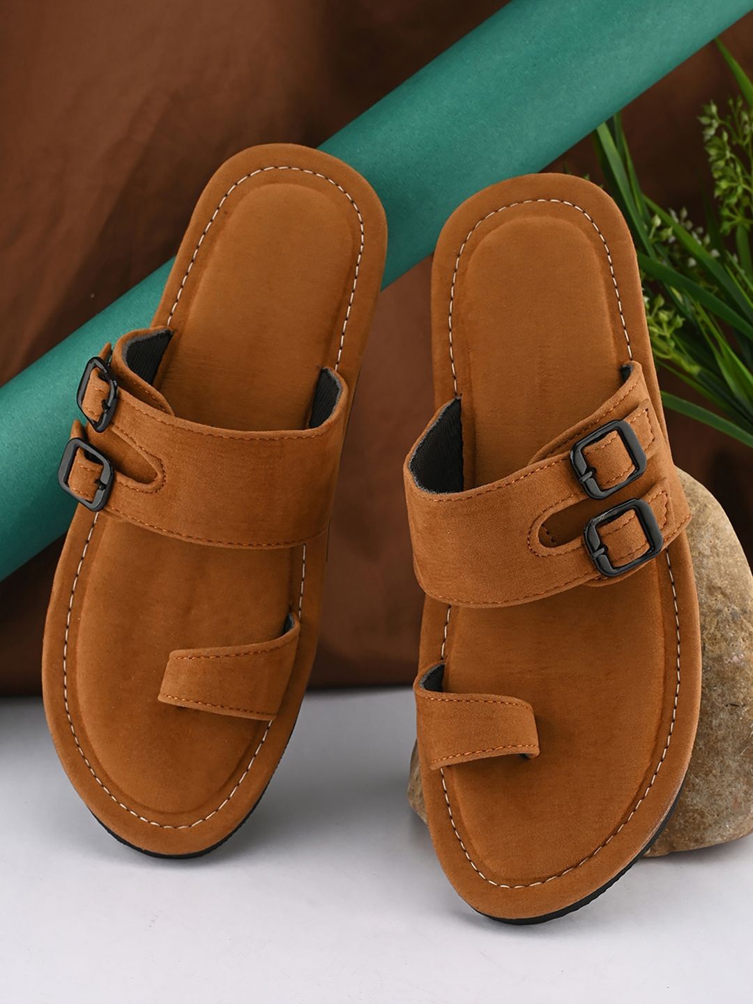 

Apratim Men Open Toe Flats with Buckles, Tan