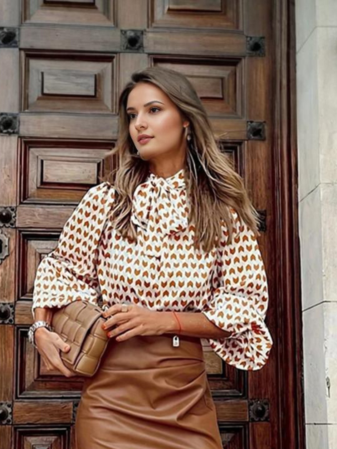 

StyleCast Geometric Print Puff Sleeve Top, Orange