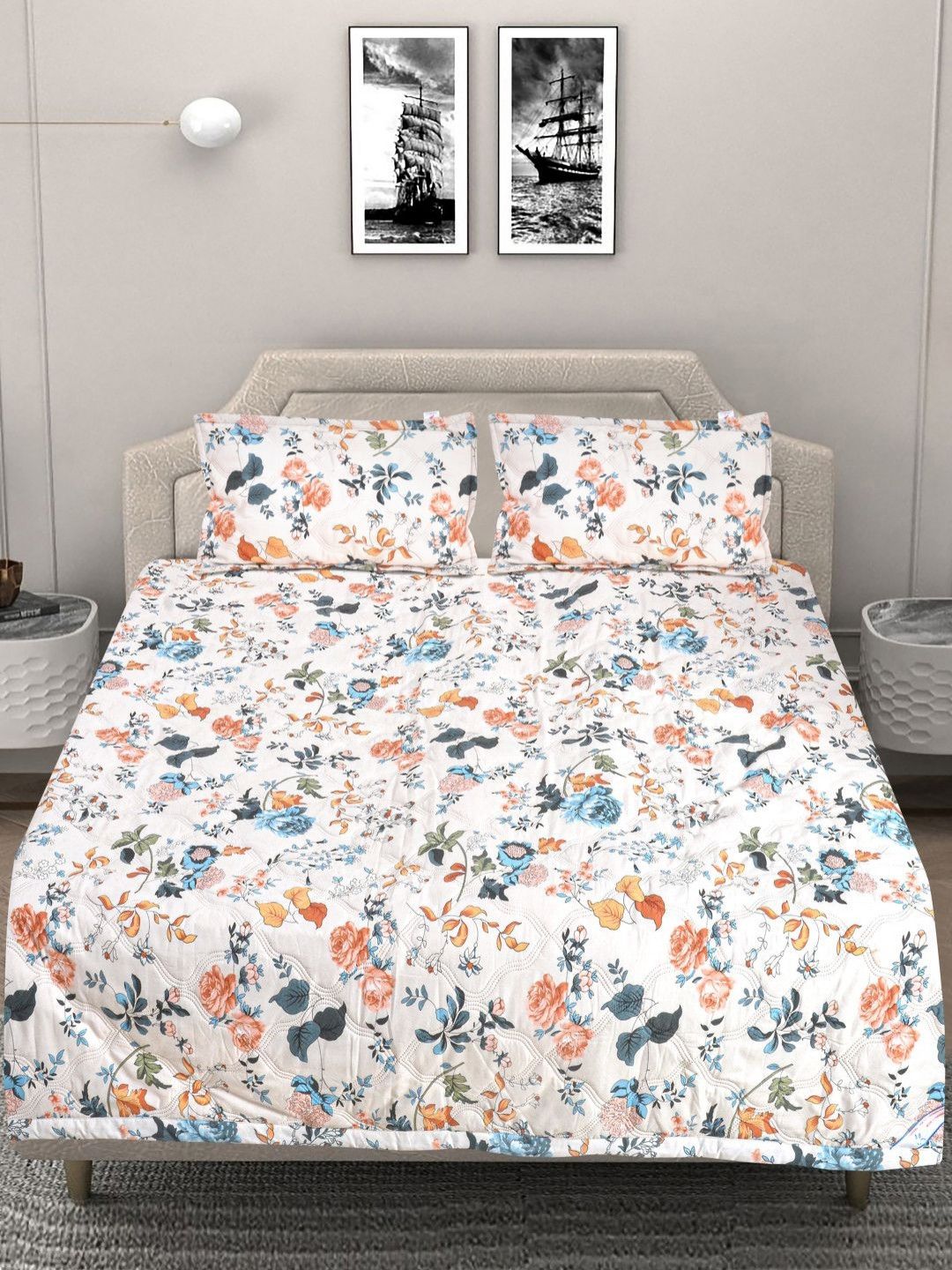 

FABINALIV White & Orange Colored Printed Reversible Double King Bed Covers