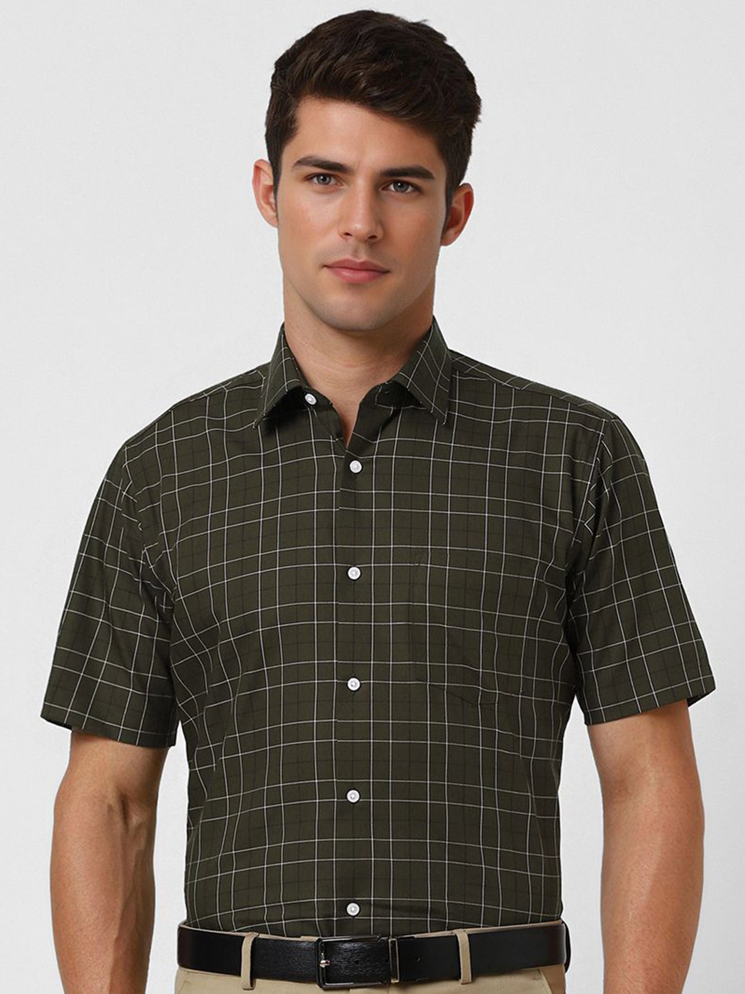 

Van Heusen Men Opaque Checked Formal Shirt, Olive