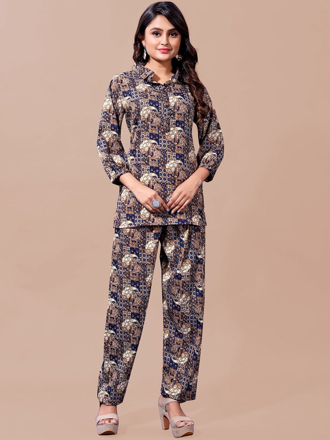 

RUNAYA NX Printed Shirt Collar Tunic With Trousers, Brown