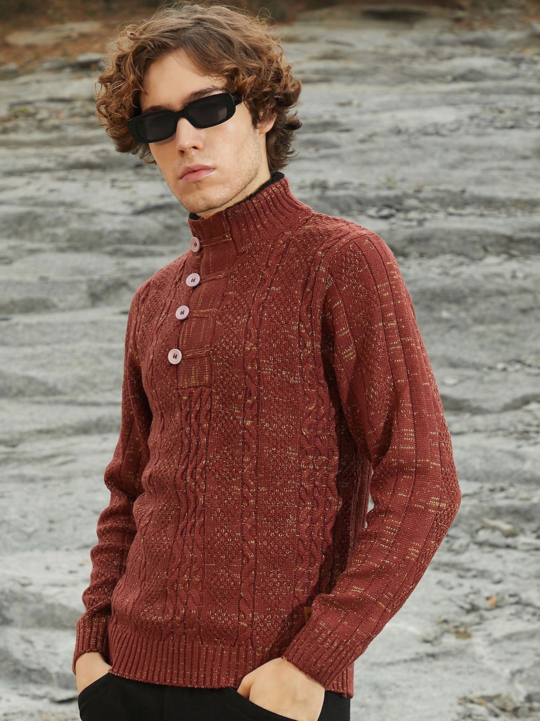 

Campus Sutra Men Cable Knit Pullover, Brown
