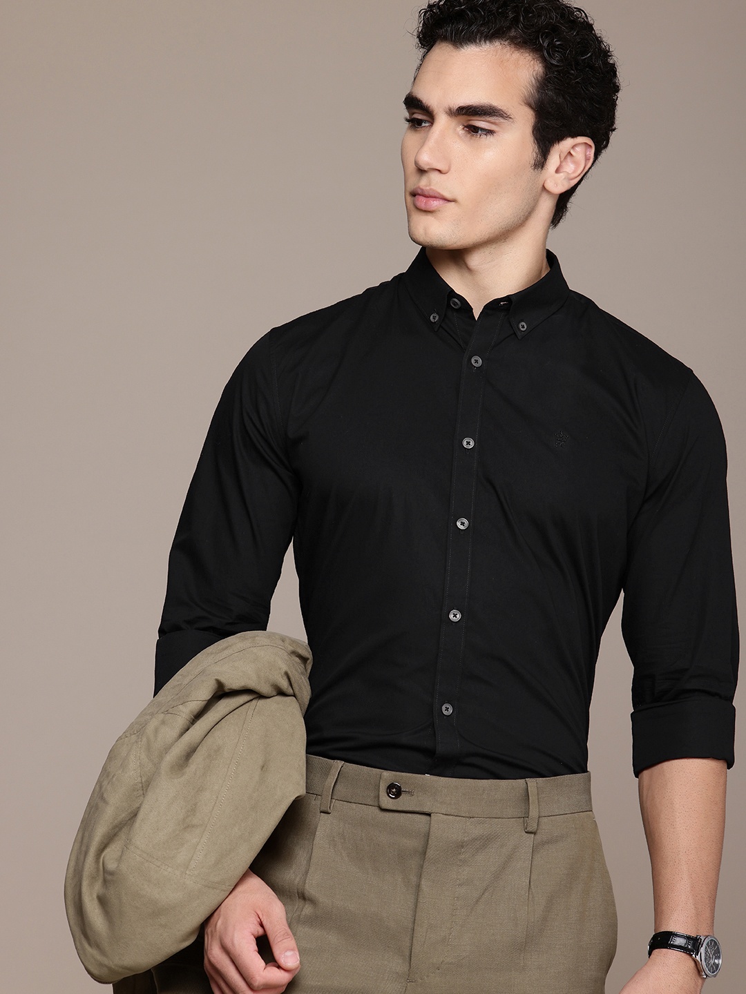 

French Connection Pure Cotton Slim Fit Button-Down Collar Casual Shirt, Black