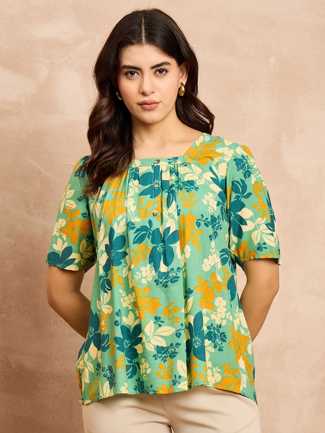 

all about you Women Cotton Floral Printed Top, Green