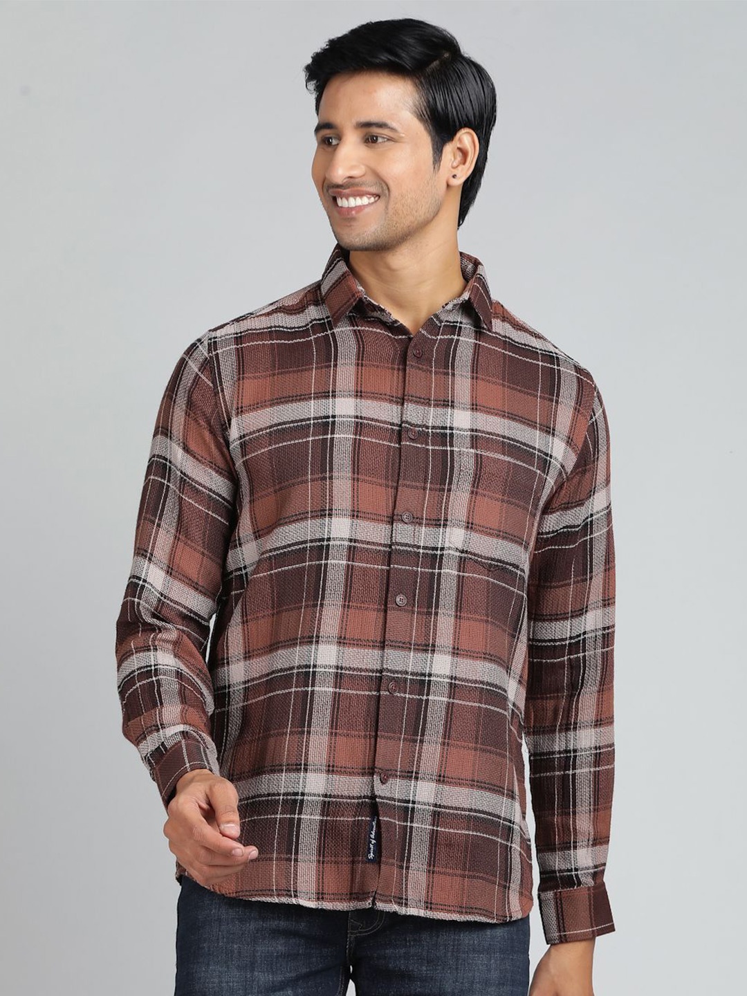 

JADE BLUE Men Slim Fit Tartan Checks Opaque Checked Casual Shirt, Brown